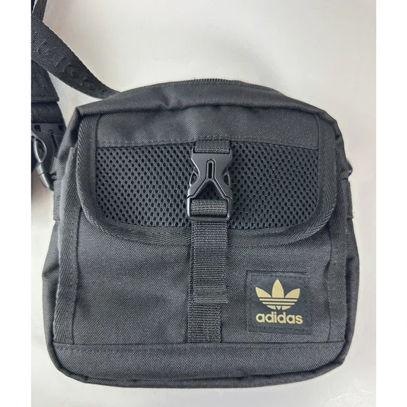 Adidas Large Festival Crossbody Bag Black Gold Trefoil Emblem Adjustable Unisex - Picture 2 of 11